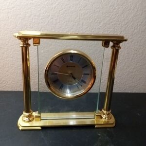 VTG Benchmark Brass & Glass 6" Wide Mantle/Desk Clock.